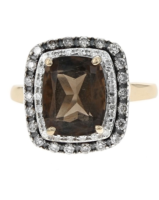 Smoky Quartz and Diamond Double Halo Ring in White and Yellow Gold